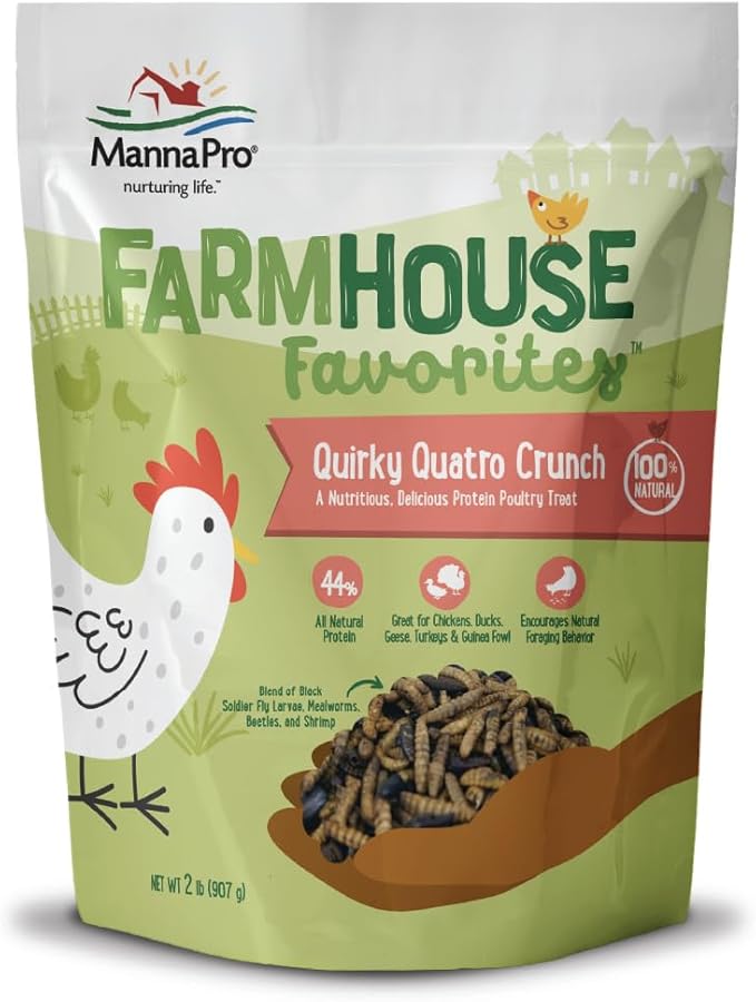 Manna Pro Farmhouse Favorites Quirky Quatro Crunch â 100% Natural Protein Treat for Mixed Flocks â Blend of Black Solider Fly Larvae, Mealworms, Beetles & Shrimp â 2lb