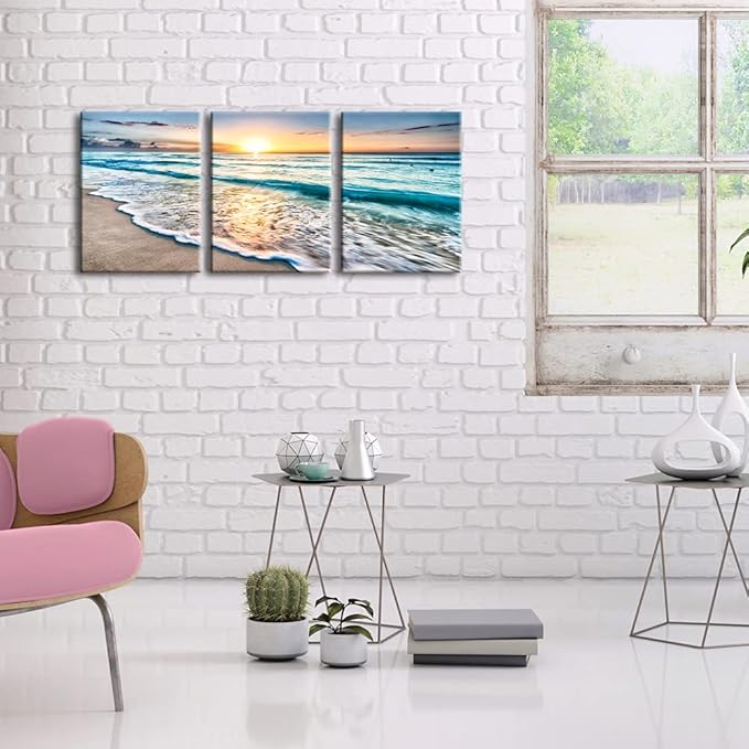 Wieco Art 3 Panel Blue Beach Canvas Wall Art