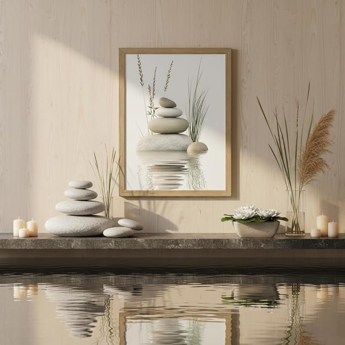 Wooden Frame Zen Stone Canvas Wall Art, Stacked Stones in Water Poster Print.