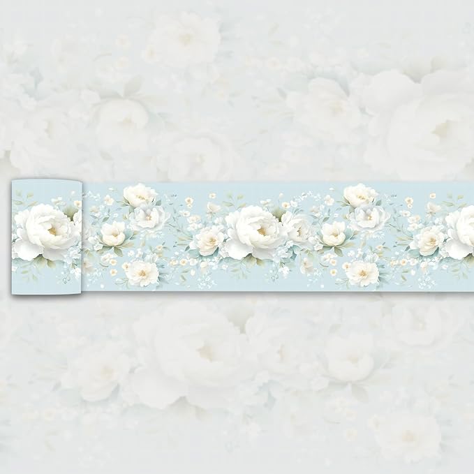 3D Floral Wallpaper Border White Peony Peel and Stick Light Blue Wall Border