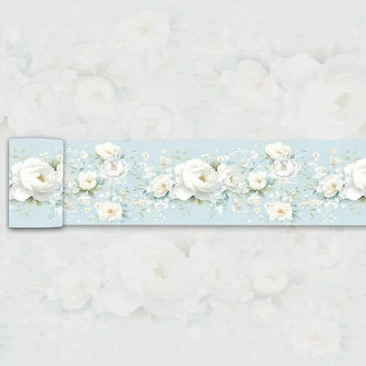 3D Floral Wallpaper Border White Peony Peel and Stick Light Blue Wall Border