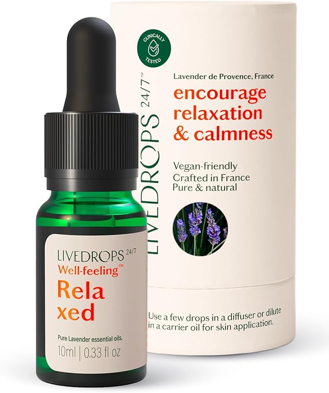 LIVEDROPS 24/7 Relaxed Lavender Essential Oil, Natural Vegan Aromatherapy for Diffuser or Diluted Skin Use, Calming Floral Herb Scent, Made in France, Bottled in USA, Clinically Tested, 10ml