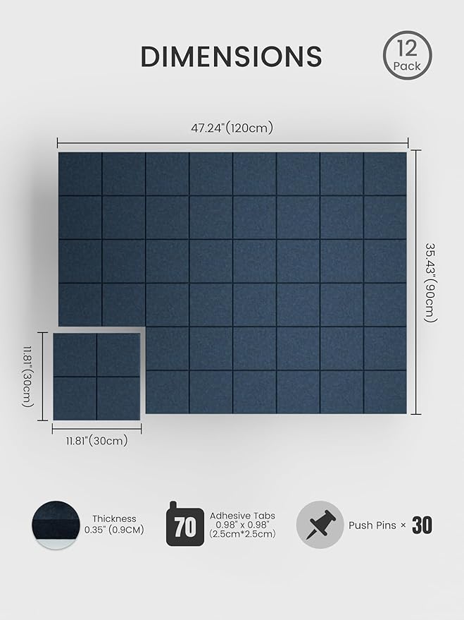 Bumusty Large Felt Bulletin Board, 30 Push Pins, 70 Adhesive Tabs
