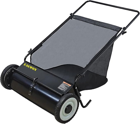 Push Lawn Sweeper, 26-Inch Width, 7 Cu. Ft. Hopper Capacity, 4 Spinning Brushes, Adjustable Height, Durable Steel Frame with Rubber Wheels, Ideal for Leaves and Grass