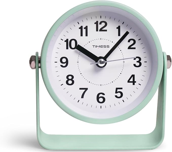 TIMESS Analog Alarm Clock, Silent Non-Ticking Quartz Movement, Battery-Operated with Snooze & On-Demand Light, Easy to Set Gentle Wake Bedside Desk Clock, Ideal for Home, Travel, Office (Green)