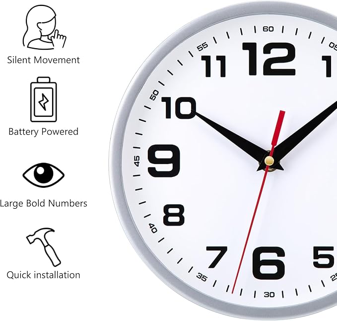Wall Clock Silent Non-Ticking 8 Inch Modern Clocks Battery Operated Small