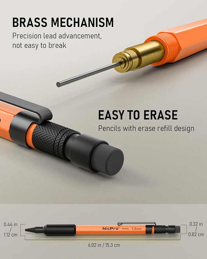 Nicpro 3 PCS 1.3 mm Orange Mechanical Pencils Set with 66 Lead Refill, 3 Eraser - Weatherproof Metal Barrel, Heavy Duty Carpenter Pencil MP2000 for Outdoor Marking Drafting Drawing Woodworking