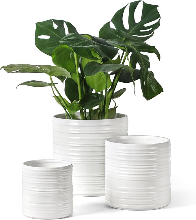 Fayoula Ceramic Planter, 10+8+6 Inch Plant Pots, Modern Striped Indoor/Outdoor Flower Pots for Succulents, Herbs, Home Office & Patio - Includes Mesh Pads & Saucer, Set of 3 ï»¿