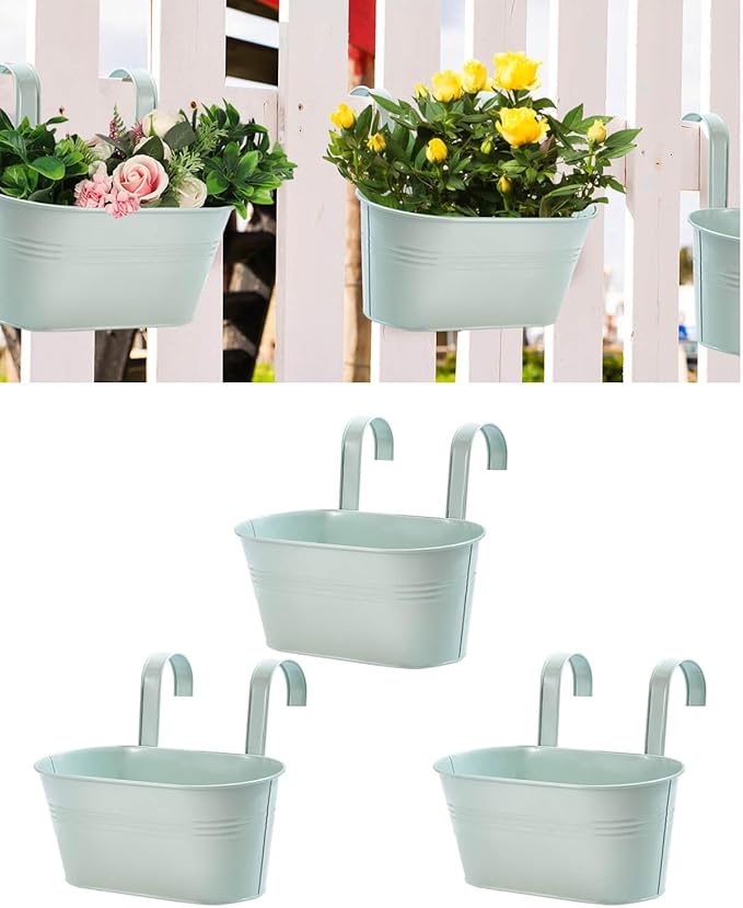 vensovo Metal Railing Planter for Outdoor Plants - 3 Pack Balcony Hanging Flower Pots with Detachable Hooks and Drain Holes Oval Bucket Rail Box Fence Planters for Home Garden Decor, Light Green