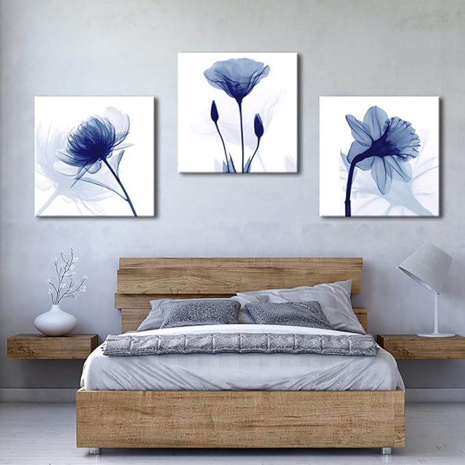Wieco Art Blue Flowers 3 Panels Canvas Print Wall Art Modern Pictures Artwork