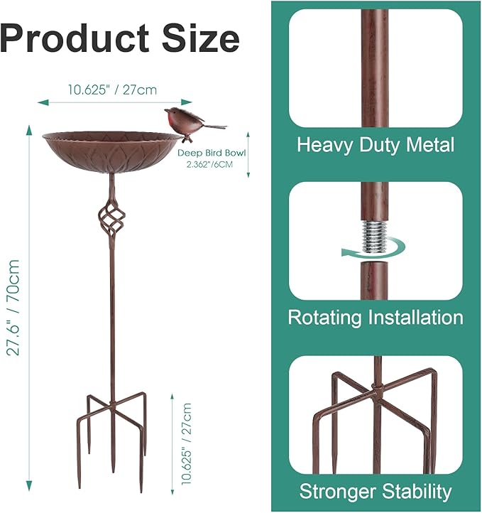 Metal Bird Bath for Outside,Hand-Painted Outdoor Birds Baths Water Bowl with Stake for Garden Patio Yard Lawn Decor, 27.6" H Bird Feeder with 5 Prongs Base,Vintage Freestanding Birdbaths & Birdfeeder