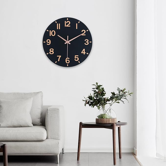 HZDHCLH Wall Clock 10 Inch Silent Non Ticking Wood Battery Operated Black