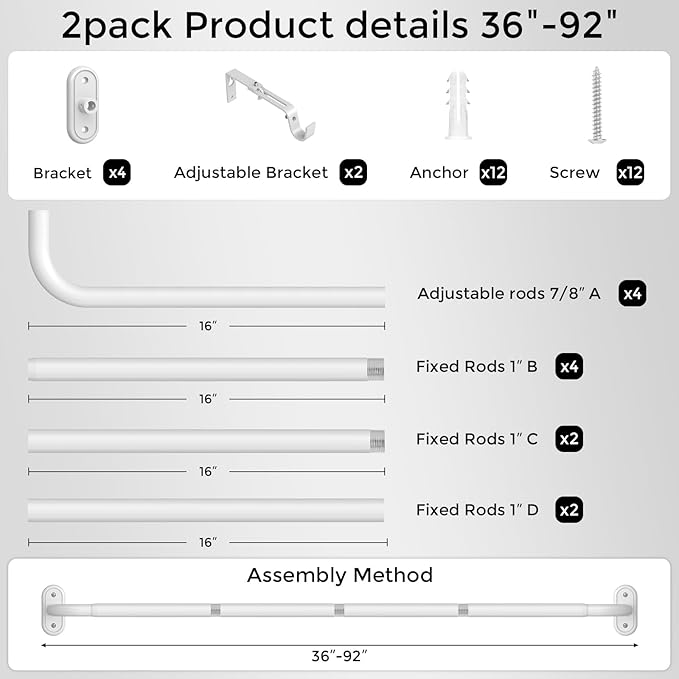 2 Pack Curtain Rods 36-88 Inch, 1 Inch Adjustable Heavy Duty Room Darkening