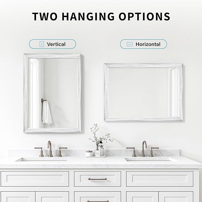 White Grey Wood Effect Framed Wall Mirror, 22x30 Rectangle Mirror,
