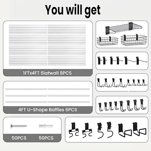 SMARTSTANDARD Slatwall Panel 4x8 FT, Garden Wall Organizer with 31 Garden Tool Hooks & Baskets,Heavy Duty PVC Slat Wall Panels for Gardening, Easy to Install & DIY Cutting(White)