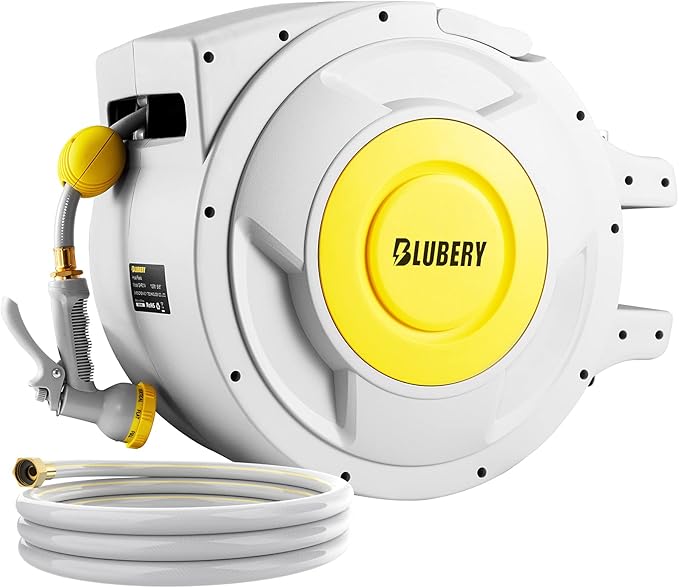 BLUBERY 130+6.7ft x 1/2" Retractable Garden Hose Reel, 40.8LB Super Heavy Duty, Any Length Lock, Slow Return System, Wide Handle, Wall Mounted and 180Â° Swivel Bracket, GHR02A