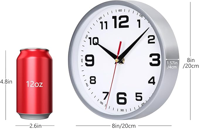 Wall Clock Silent Non-Ticking 8 Inch Modern Clocks Battery Operated Small