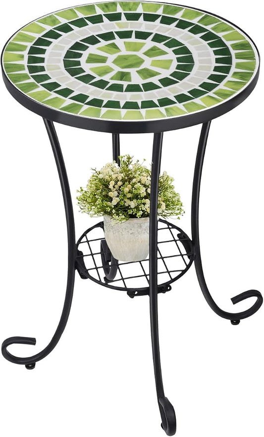 VCUTEKA Outdoor Side Table Mosaic Patio Table Accent Tables Mosaic Tile Top Metal Frame Small End Tables Porch Beach Patio Garden Balcony Grass Green
