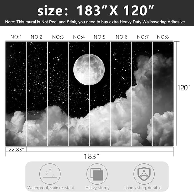 -Gray Galaxy Universe Moon Fabric Wallpaper Ceiling Starry Night White Clouds