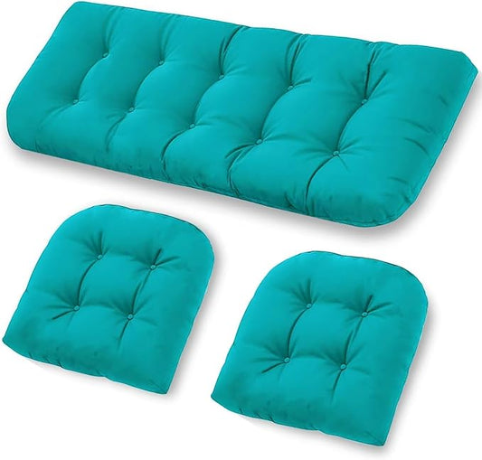 Patio Furniture Cushions Outdoor, Waterproof Wicker Chair Cushions Set of 3, 1 Loveseat & 2 Seat Pads, Thick Outdoor Replacement Cushions for Porch Lawn Bench Couch Sofa Swing, Lake Blue