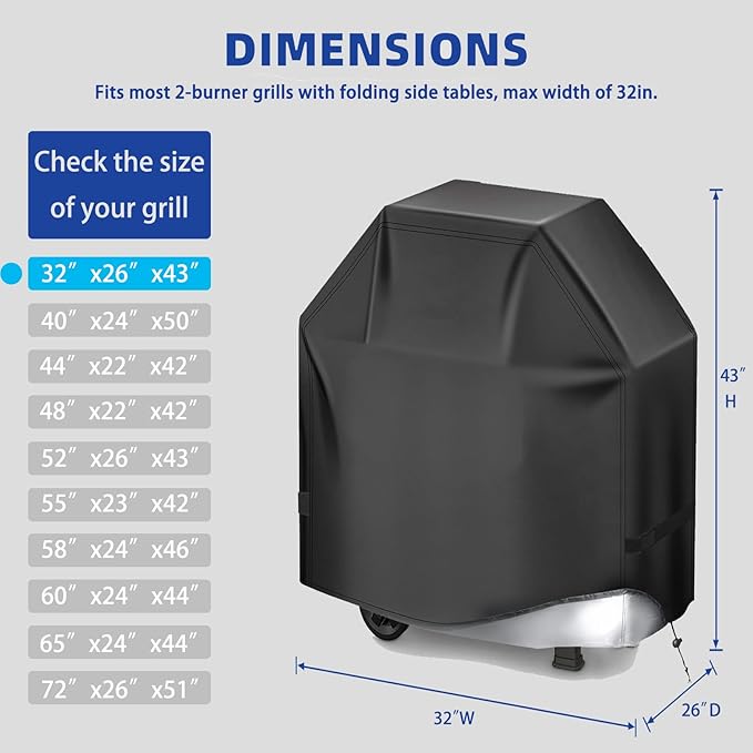 BBQ Gas Grill Cover for Outdoor, Anti-UV, Rip-Proof, 600D Oxford Fade Resistant Material, Barbecue Cover with Hook and Loop Straps & Adjustable Hem Drawstring (Black, 32”x26”x43”)
