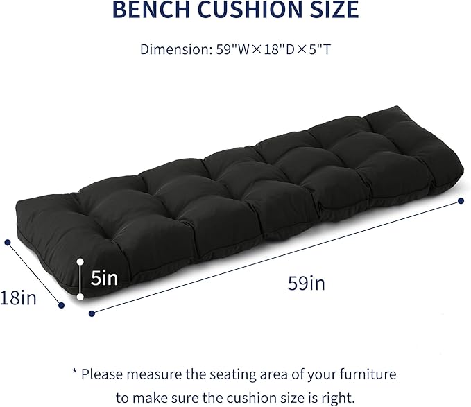 IPYNBAP Outdoor Bench Cushion, 59x18x5 Inch, Waterproof Bench Cushion for Outdoor/Indoor Furniture, Tufted Patio Bench Seat Cushion, Fade Resistant Outdoor Cushions for Porch Swing Couch, Black