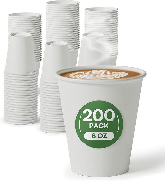 Small Paper Cups 8 oz Coffee Cups Disposable, 200 Pack Leak Proof Hot Cups, 300GSM Thickened White Disposable Cups, Unbleached Small Drink Cups for Everyday Office Coffee Bar Supply Party Essentials