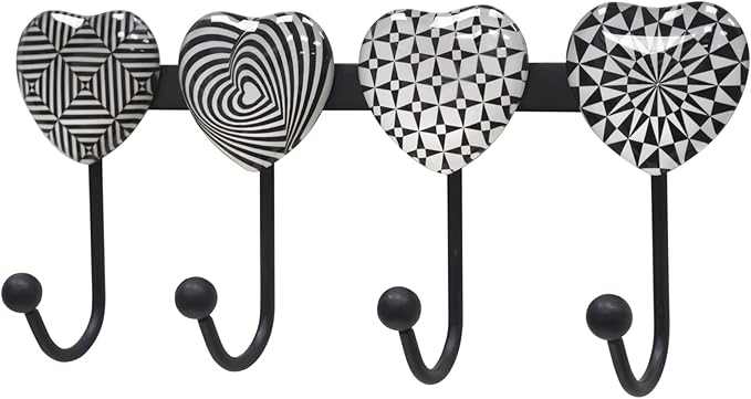 Coat Rack Wall Mounted with 4 Hooks, Heart Geometric Pattern Decorative Wall