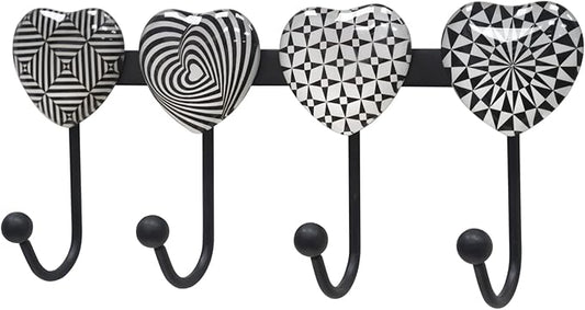 Coat Rack Wall Mounted with 4 Hooks, Heart Geometric Pattern Decorative Wall
