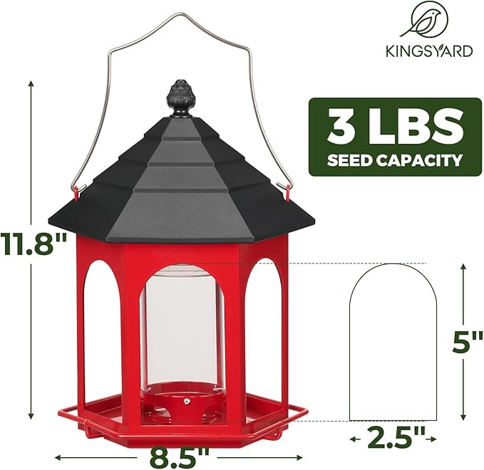 Kingsyard Metal Bird Feeder for Outdoors Hanging, 3 lbs Seed Feeder, Wild Bird Feeders for Garden Cardinal Finch Bluebird, Easy to Fill & Clean, Red