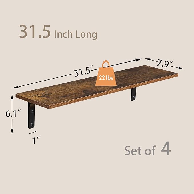 DINZI LVJ Long Wall Shelves, 31.5Inch Wall Mounted Shelves Set of 4, Extra