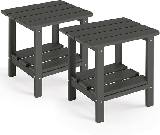 Adirondack Outdoor Side Table Set of 2, 2-Tier Small Patio End Table, Weather Resistant HDPE Outdoor End Tables for Garden, Lawn, Pool, Beach, Porch, Deck, Backyard - Square, Dark Gray