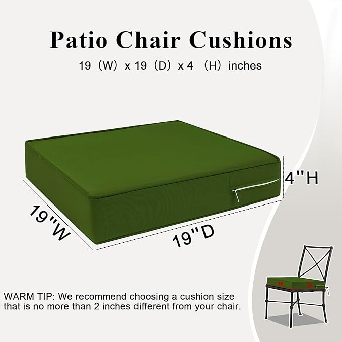 Outdoor Chair Cushions 19x19x4 Inch, Waterproof Green Patio Furniture Cushions Set of 2 with Ties & Handle, 3 Year Color Fastness Square Replacement Seat Cushions for Sofa, Couch