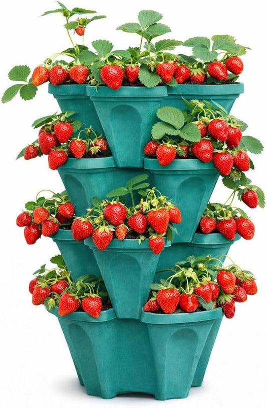 Strawberry Planter Tower, 4 Tier Stackable Vertical Planter, 28 Plant Sites, Space Saving Garden Planter, Indoor Outdoor, Made in USA (Mineral Teal, Small)
