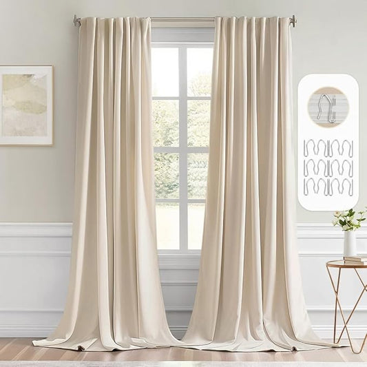 MIULEE Cream Beige Back Tab Light Blocking Curtains 132 Inch Length 2 Panels Set