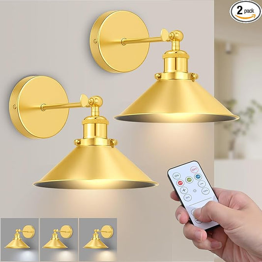 Gold Battery Operated Wall Sconce Set of 2, Vintage Wireless Wall Sconces