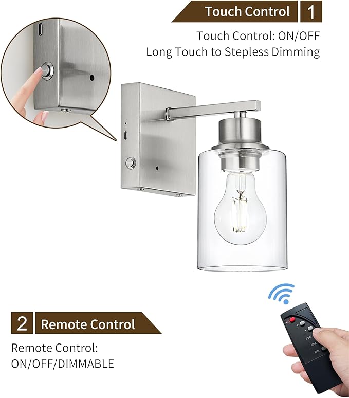 Rayogale Wireless Wall Sconces, Nickel Battery Operated Wall Sconce Set of 2