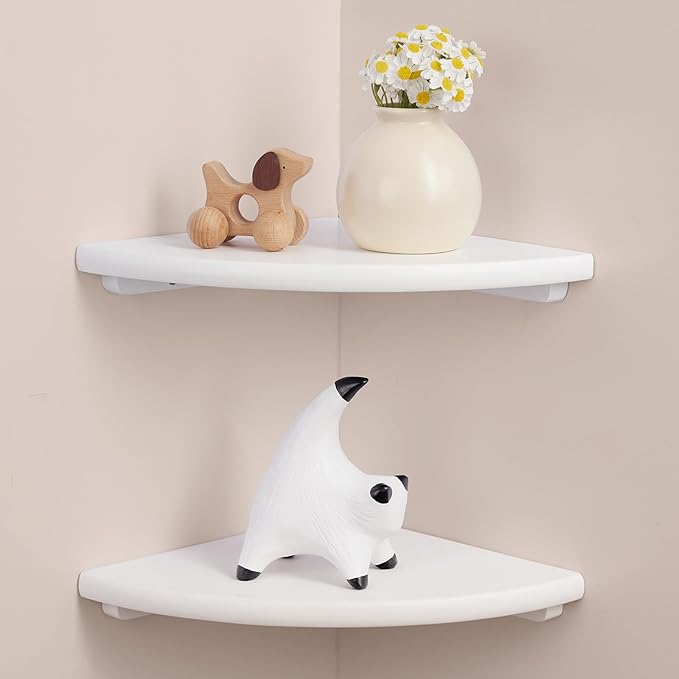 Gieanoo Floating Corner Shelves Set 2 10inch White Solid Oak Rounded Corner