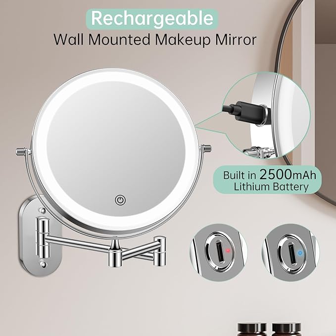 FUNTOUCH 2500mAh Rechargeable Wall Mounted Lighted Makeup Vanity Mirror 8 Inch