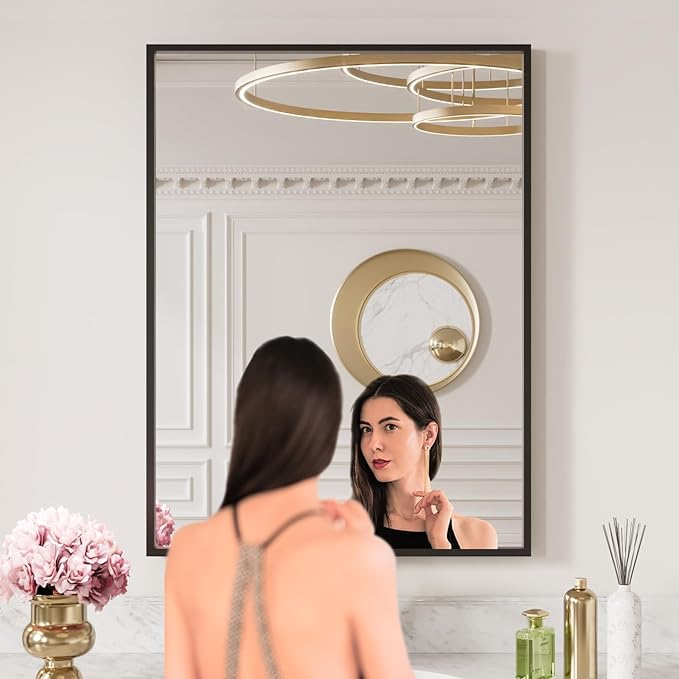 LOAAO 20"X30" Black Rectangle Bathroom Mirror Wall, Matte Black Aluminum Alloy