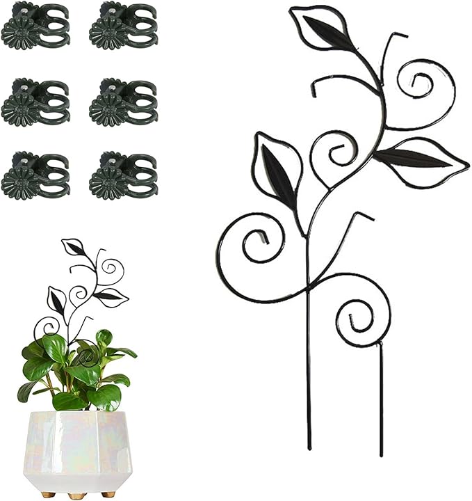 Decorative Metal Plant Trellis for Indoor Potted Plants â Leaf Shape Vine Support Stakes with 6 Plant Clips, Black/Green/Gold Garden Trellises for Climbing Plants, Vines (Black 1pc)