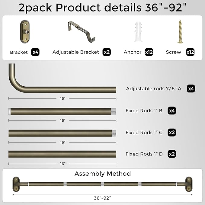 2 Pack Curtain Rods 36-88 Inch, Antique Bronze Wrap Around Blackout Curtain Rods