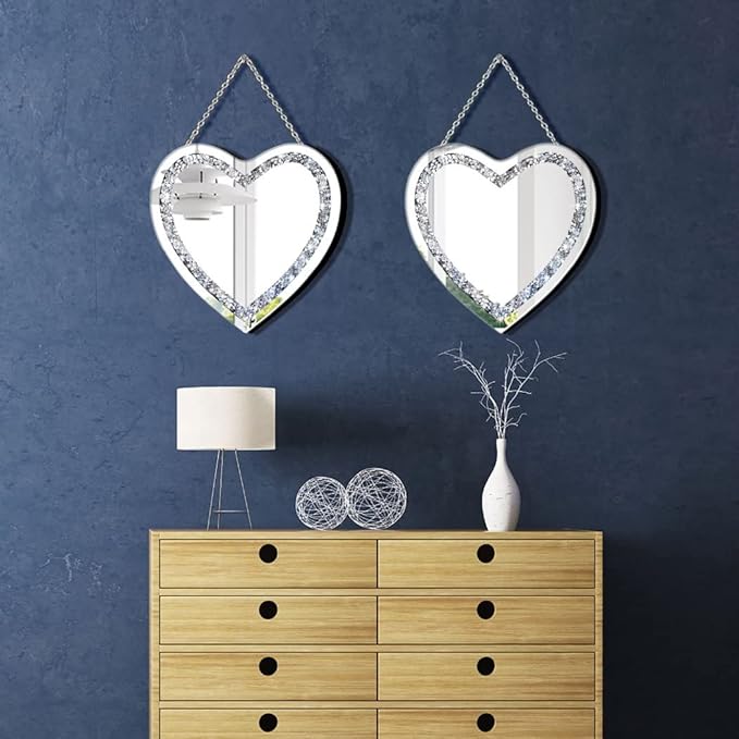 DMDFIRST Heart Shaped Silver Glass Mirror 2 Pack 12x12inch Crystal Crush