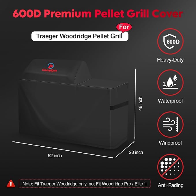 Comnova Grill Cover for Traeger Woodridge - Premium Wood Pellet Smoker Cover for Traeger Waterproof & Heavy Duty, 600D Pellet BBQ Cover Accessory for Treager Woodridge Grills (BAC761)