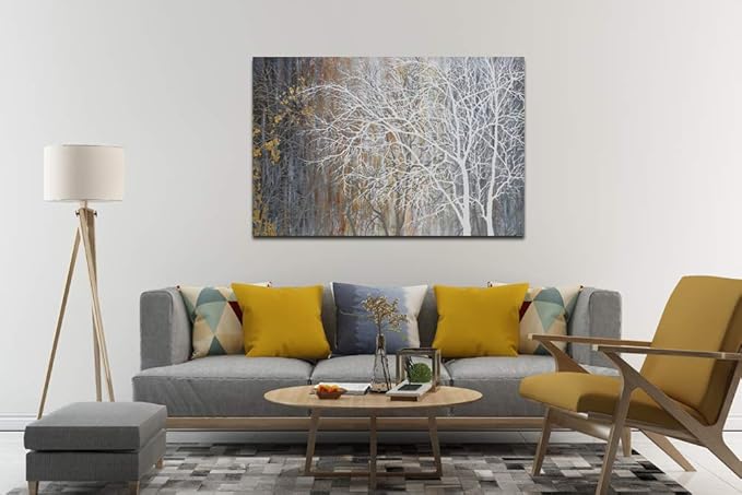 Yihui Arts Canvas Wall Art Hand Painted White Tree Pictures Brown Forest