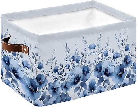 Blue Blooms Floral Storage Bins Cubes Waterproof Cloth Storage Basket,Spring Flowers Botanical Blue Ombre Foldable Storage Bags for Shelf Clothes Storages Organizers with Handles 15x11x9.5 in 1PCS
