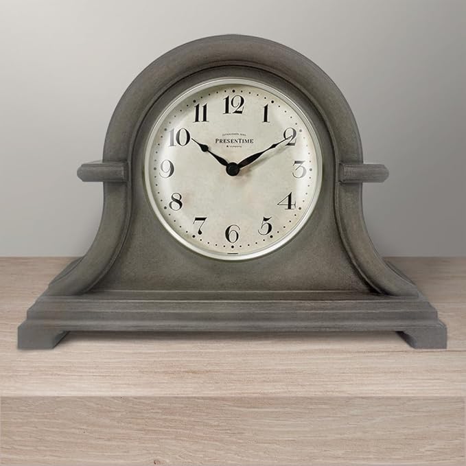 Presentime & Co. Mantel Clock Vintage Farmhouse Series, Napoleon Desk & Shelf Clock, 13 x 10 inch, Domed Lens, Quartz Movement, ABS Plastic Case, Gray Oak Finish (Home/Tabletop Decoration)