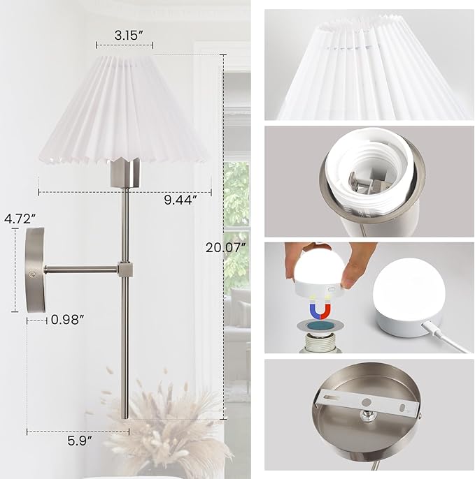 Wireless Wall Sconce Sets of 2, Pleated Shades Rechargeable Battery Operated