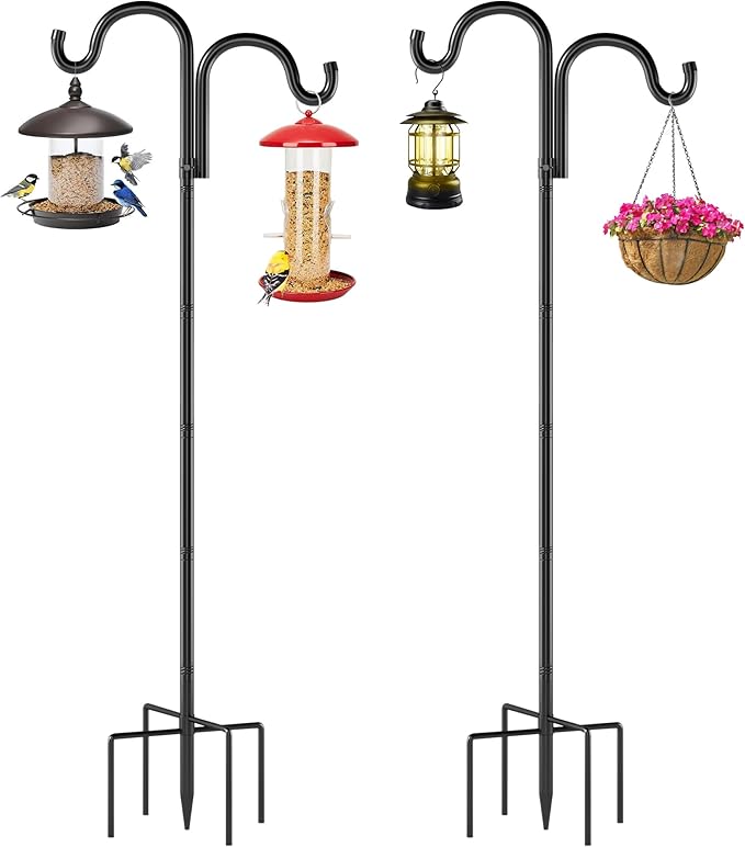 Double Shepherds Hooks for Outdoor, 108" Heavy Duty Bird Feeder Pole with 5 Prong Base, Adjustable Shepherds Hook for Bird feeders Outside, Garden, Weddings, Hanging Plants, 2 Pack, Black