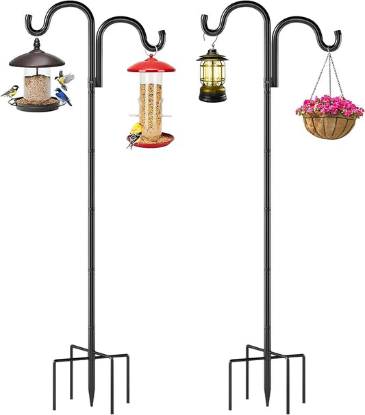 Double Shepherds Hooks for Outdoor, 108" Heavy Duty Bird Feeder Pole with 5 Prong Base, Adjustable Shepherds Hook for Bird feeders Outside, Garden, Weddings, Hanging Plants, 2 Pack, Black